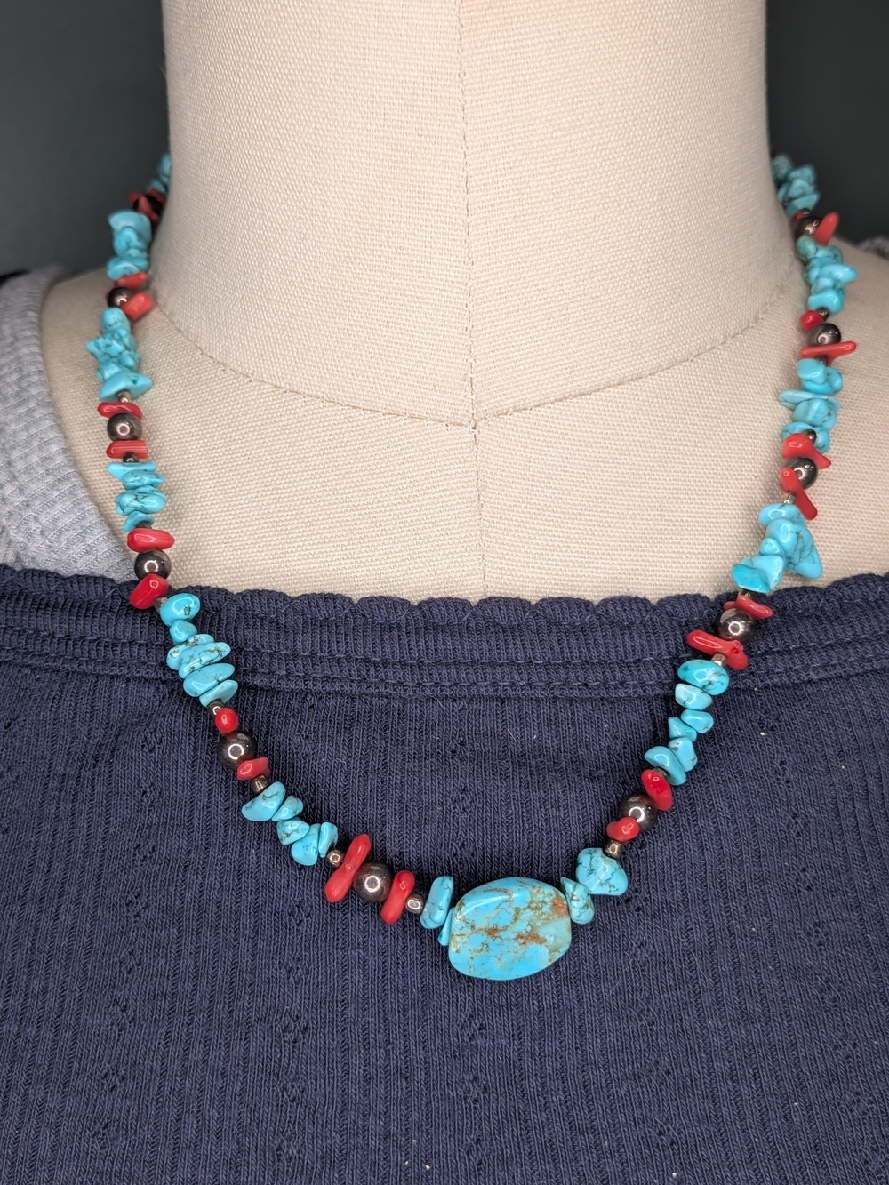 925 Sterling Silver Southwestern Turquoise Coral Style Chip Bead Station
